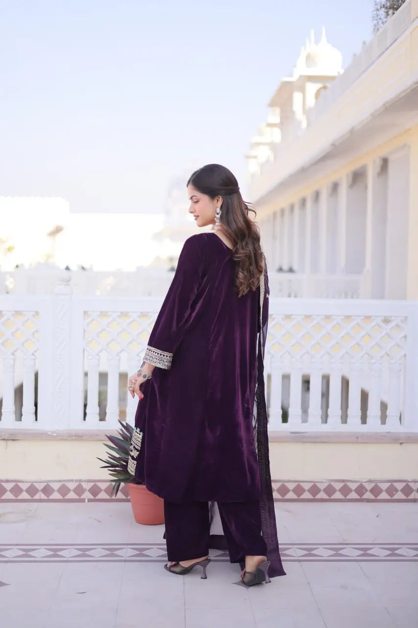 9000 Velvet Zari Coding Embroidered Top Pant Set with Dupatta (Rama & Wine)