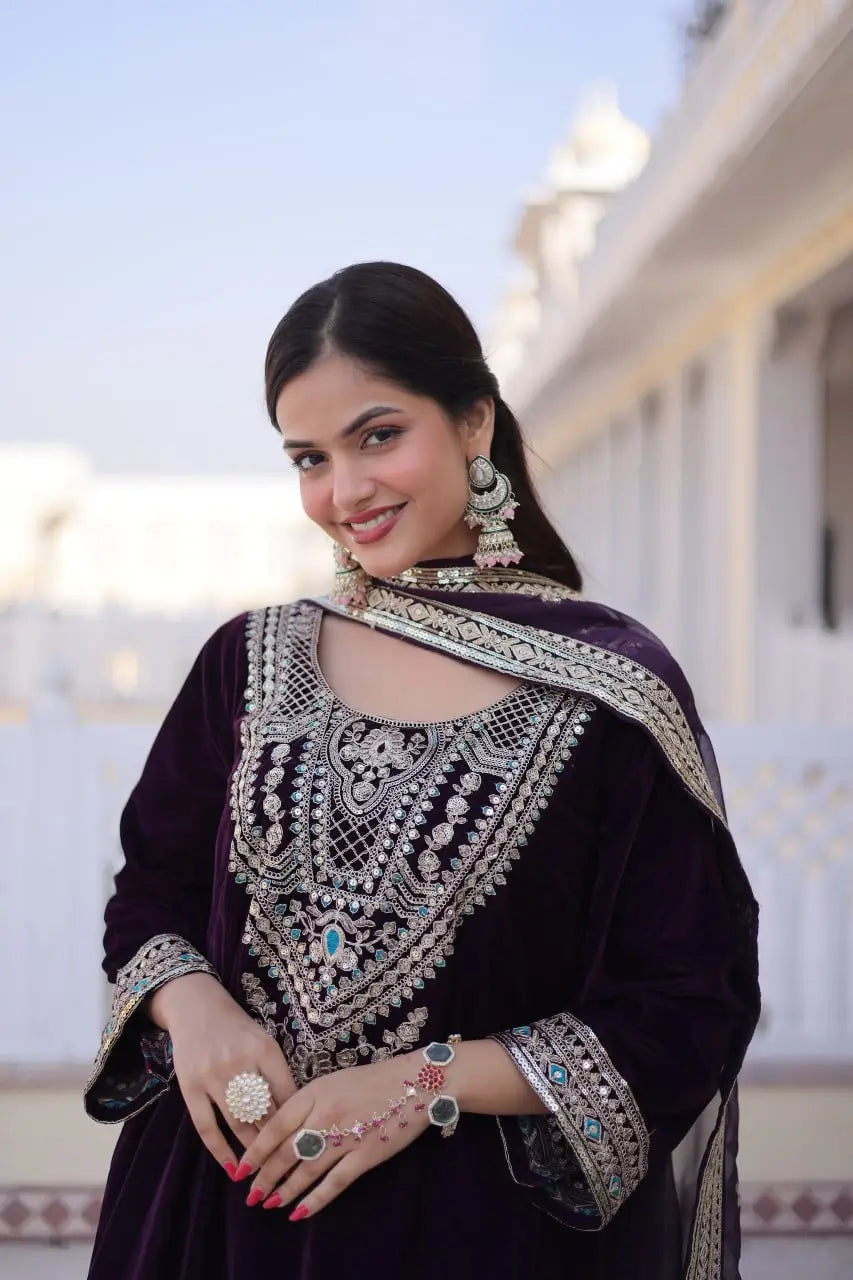 9000 Velvet Zari Coding Embroidered Top Pant Set with Dupatta (Rama & Wine)