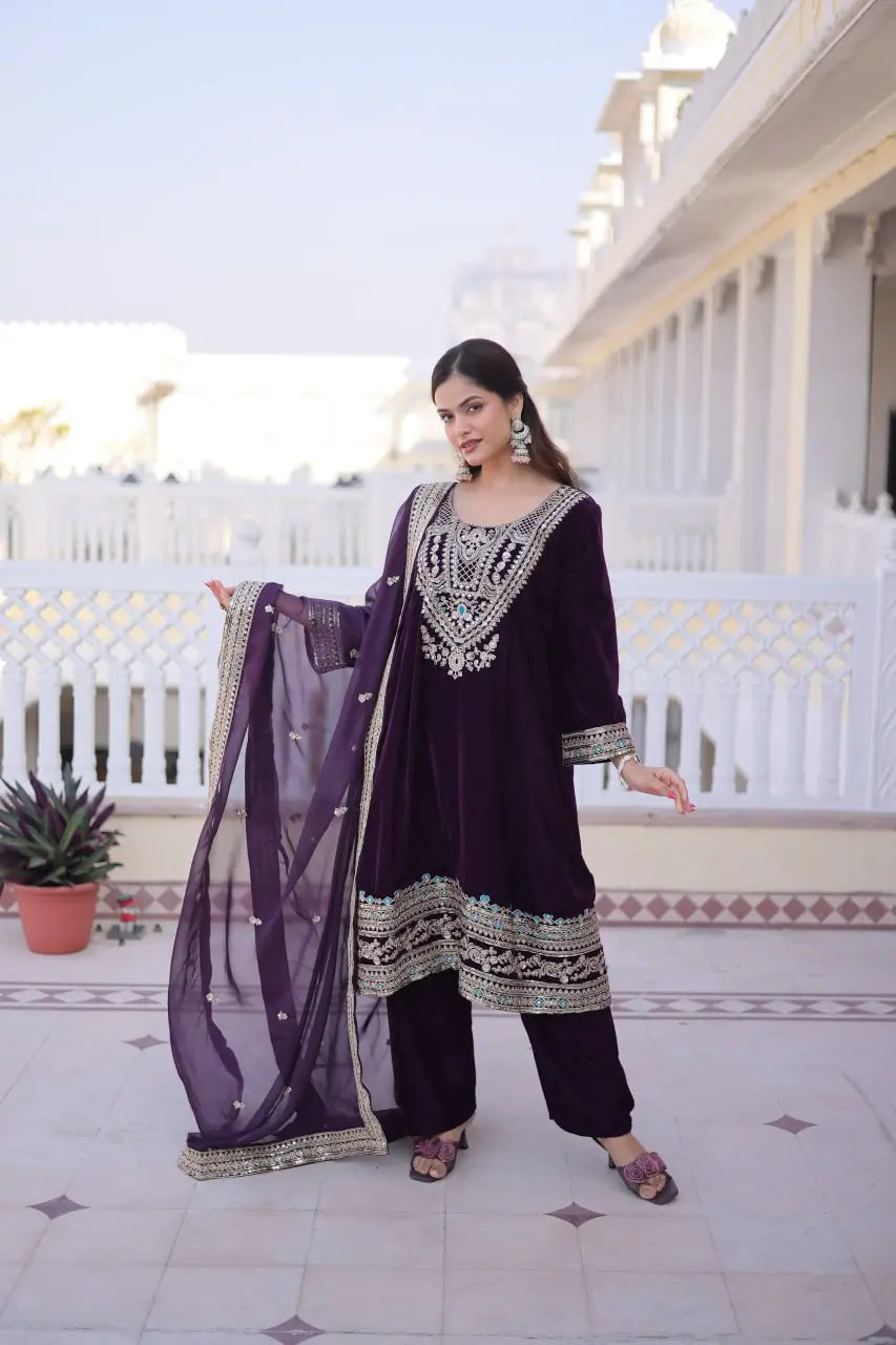9000 Velvet Zari Coding Embroidered Top Pant Set with Dupatta (Rama & Wine)
