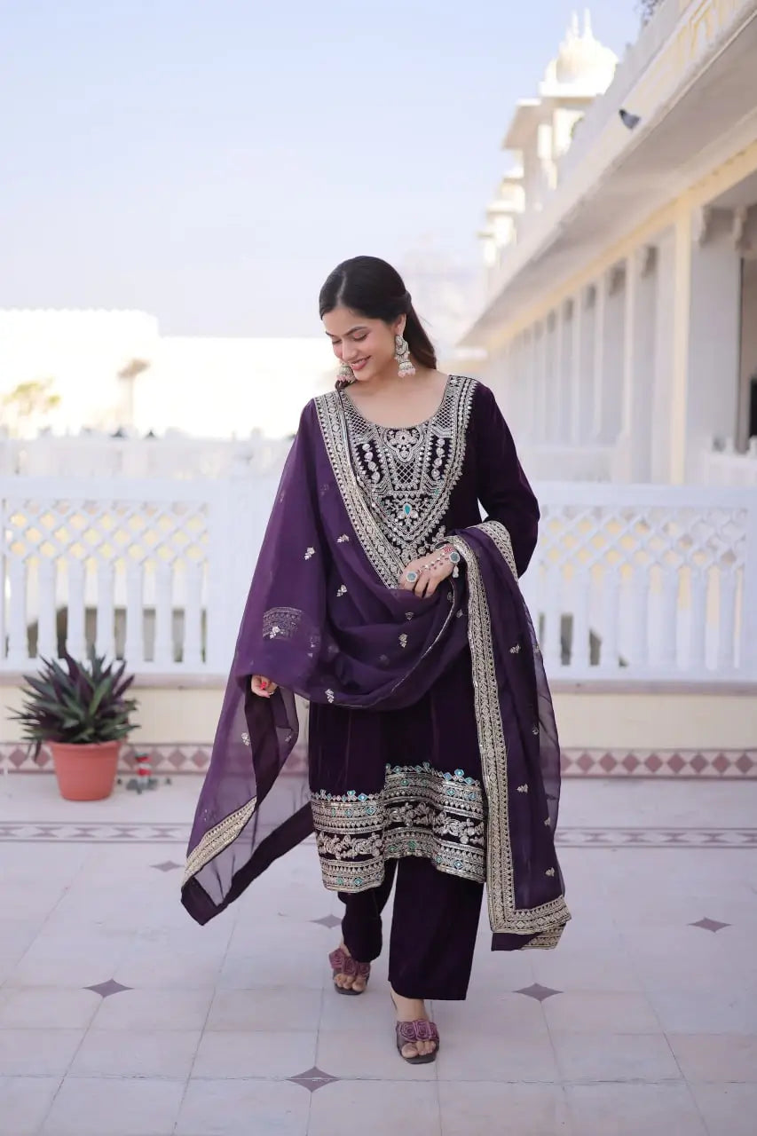 9000 Velvet Zari Coding Embroidered Top Pant Set with Dupatta (Rama & Wine)