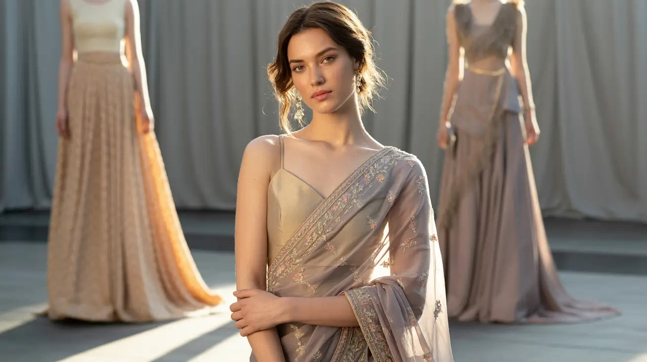 Woman in a saree with two other people in similar attire in the background