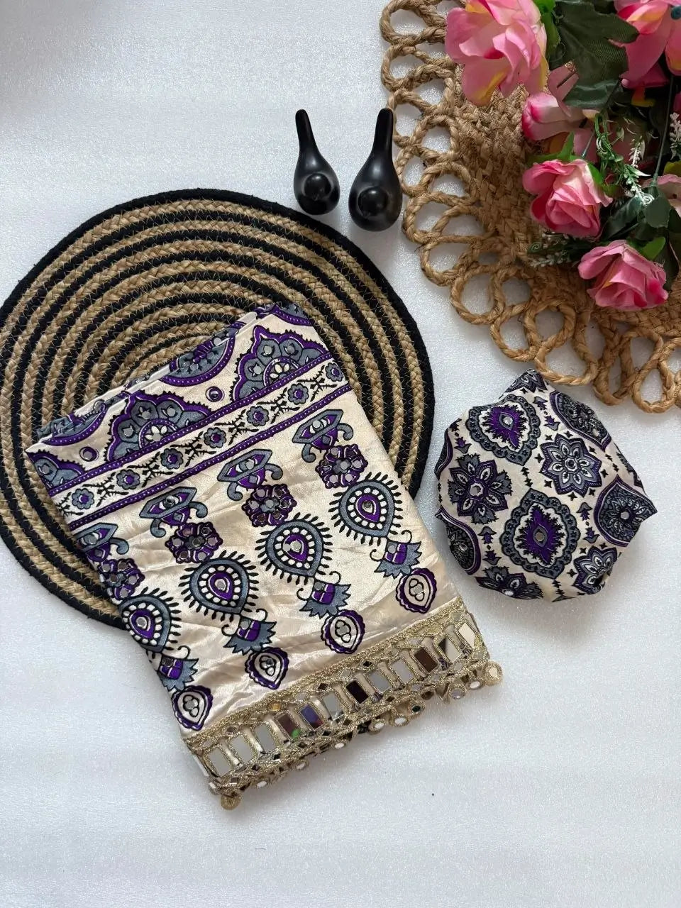 Ajrakh Print Mirror Work Saree