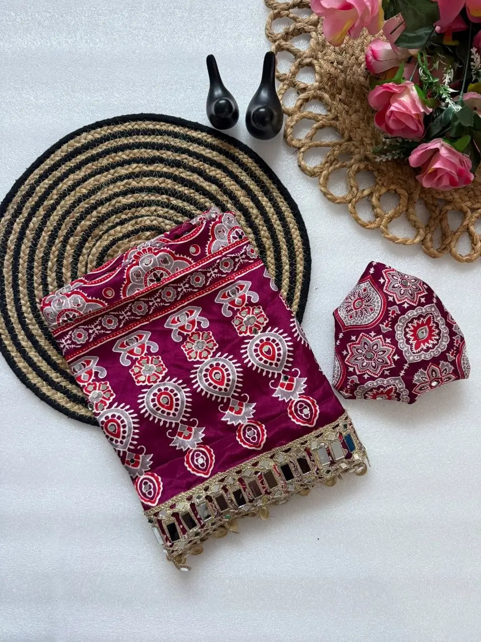 Ajrakh Print Mirror Work Saree