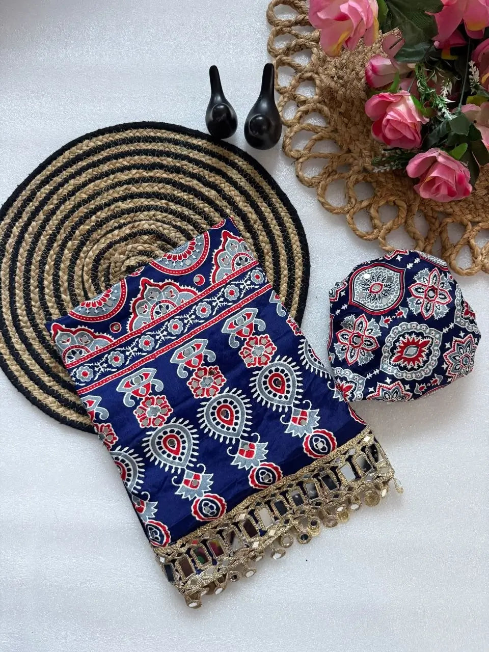 Ajrakh Print Mirror Work Saree