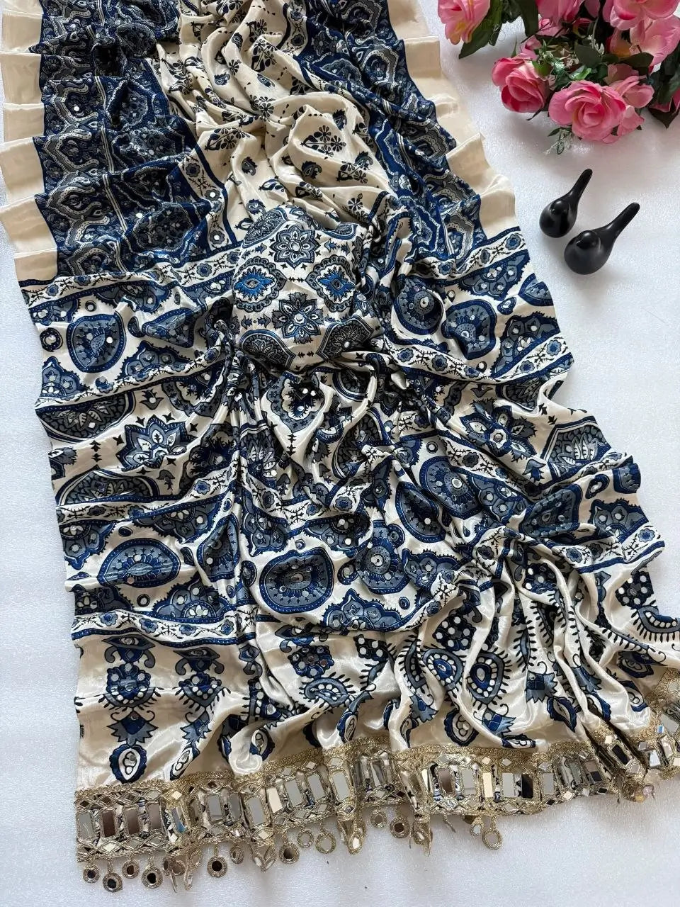 Ajrakh Print Mirror Work Saree