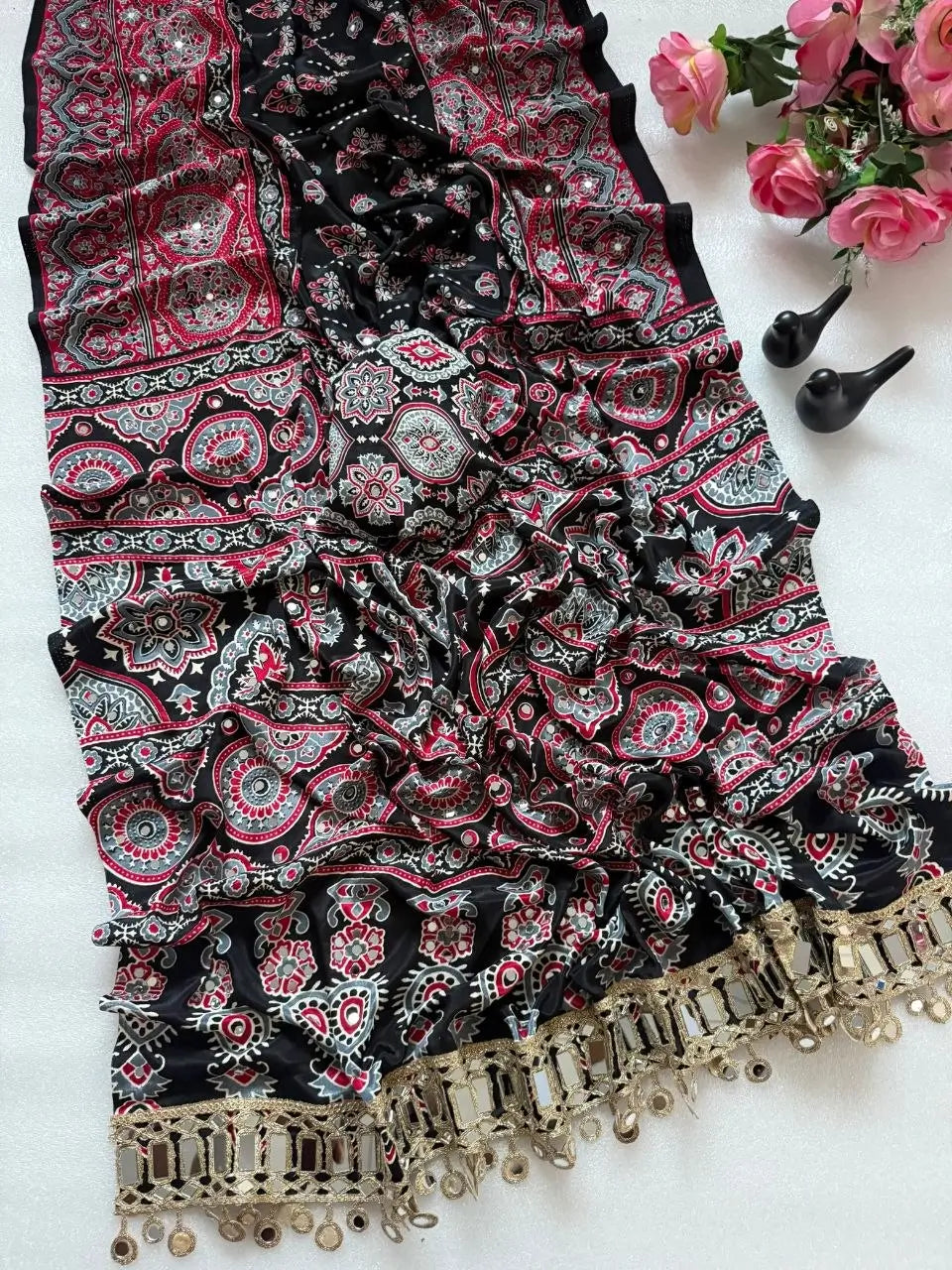 Ajrakh Print Mirror Work Saree