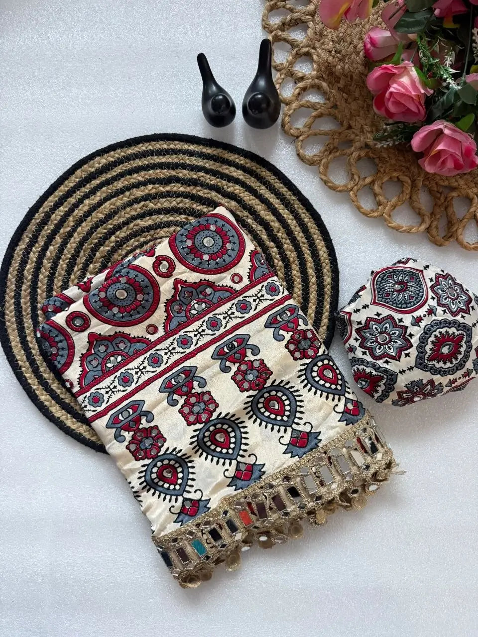 Ajrakh Print Mirror Work Saree