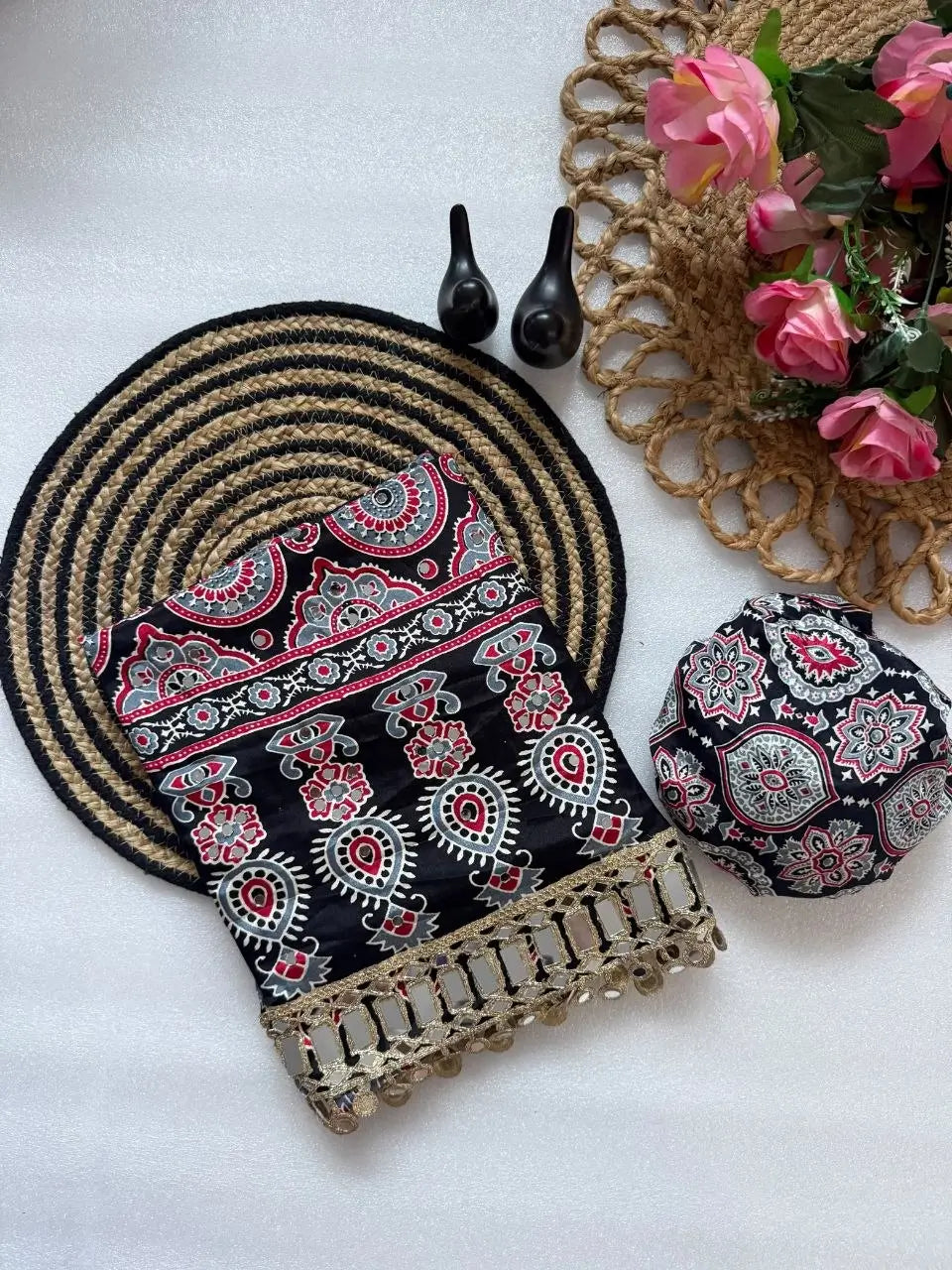 Ajrakh Print Mirror Work Saree
