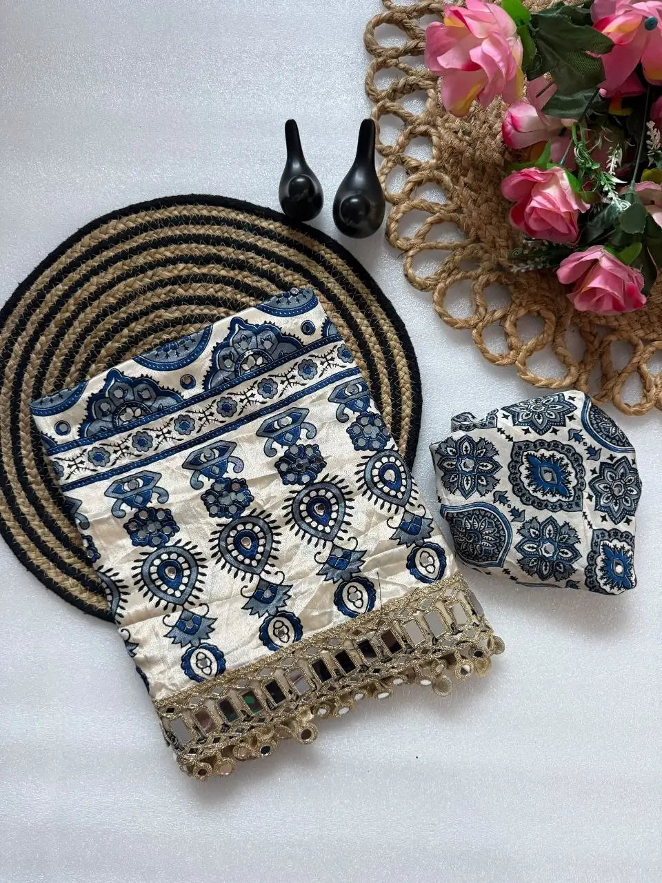 Ajrakh Print Mirror Work Saree