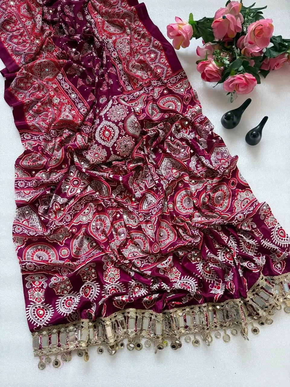 Ajrakh Print Mirror Work Saree