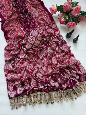 Ajrakh Print Mirror Work Saree
