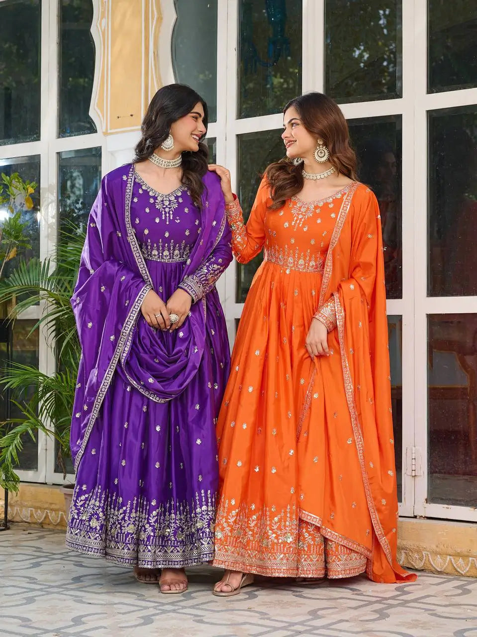 American Silk Thread and Sequin Embroidered Gown Set