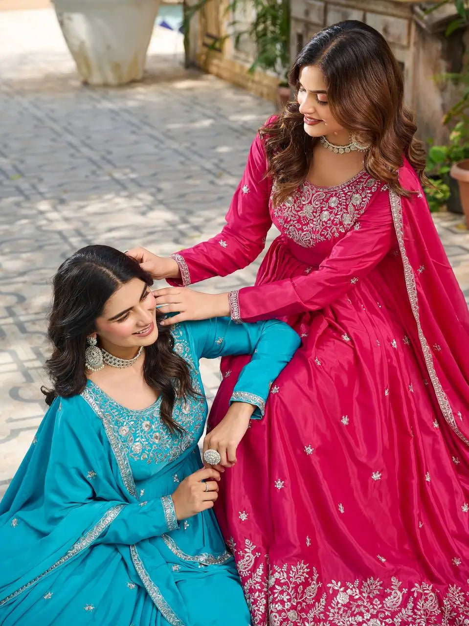 American Silk Thread and Sequin Embroidered Gown Set