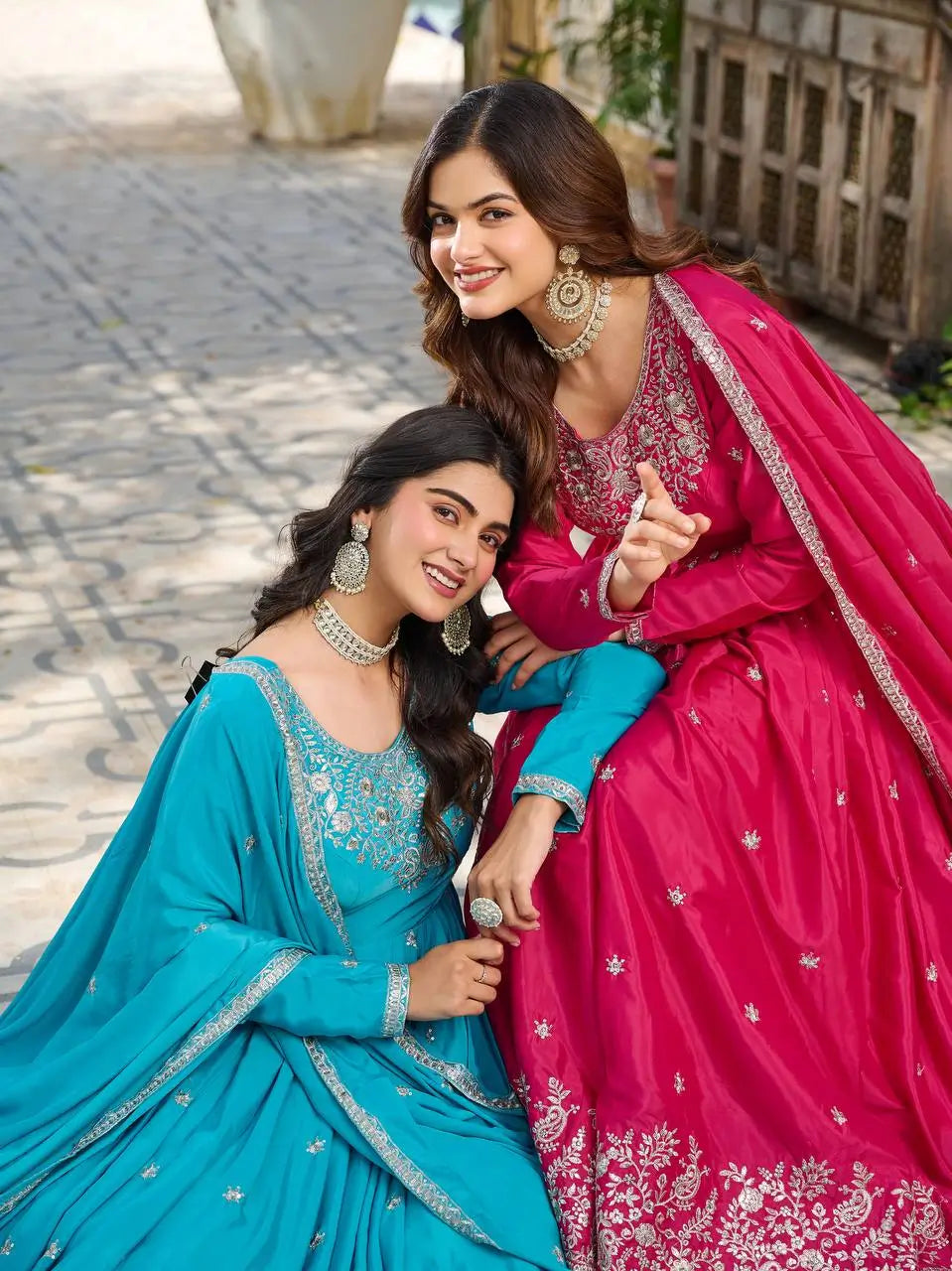 American Silk Thread and Sequin Embroidered Gown Set