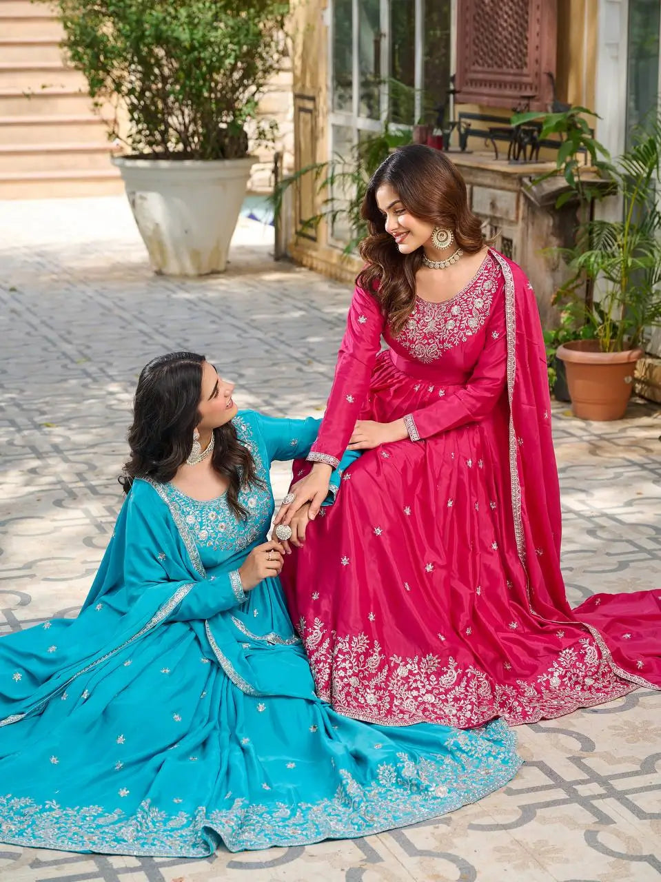 American Silk Thread and Sequin Embroidered Gown Set