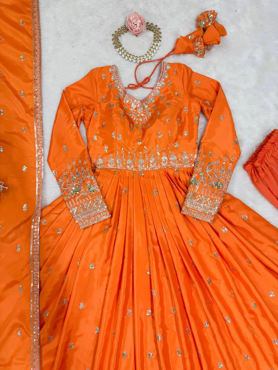 American Silk Thread and Sequin Embroidered Gown Set