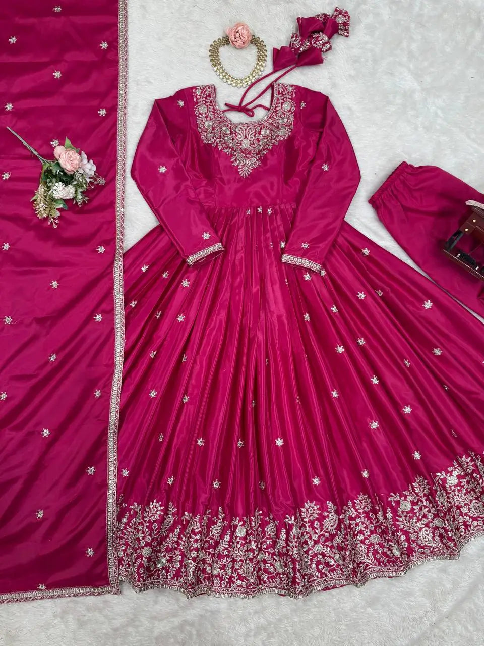 American Silk Thread and Sequin Embroidered Gown Set