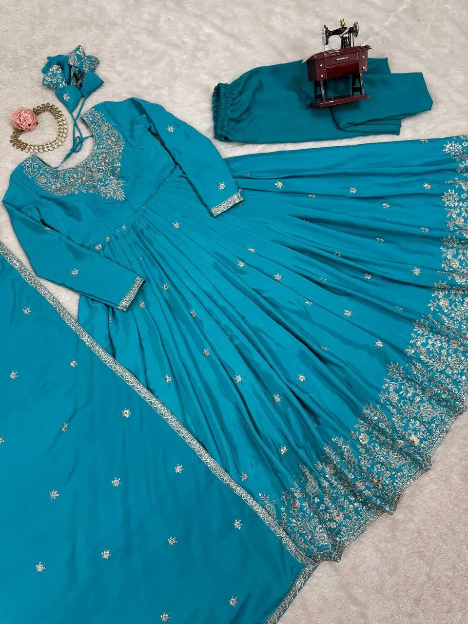 American Silk Thread and Sequin Embroidered Gown Set