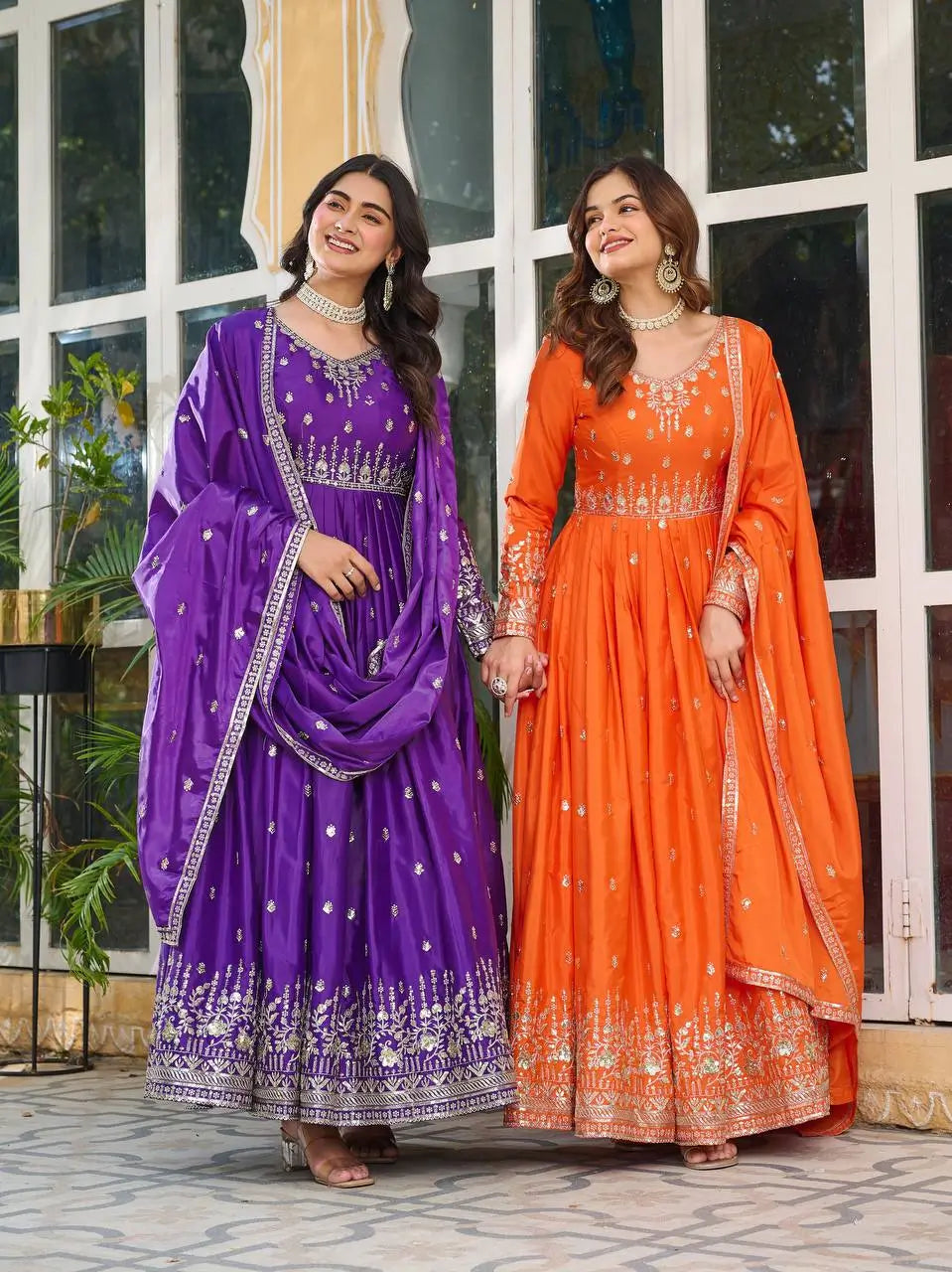 American Silk Thread and Sequin Embroidered Gown Set