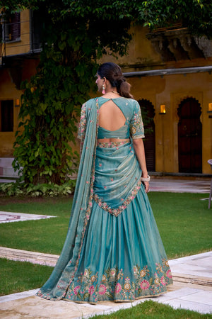 Aqua Bloom Zari Shimmer Embroidered Sequin Lehenga Set