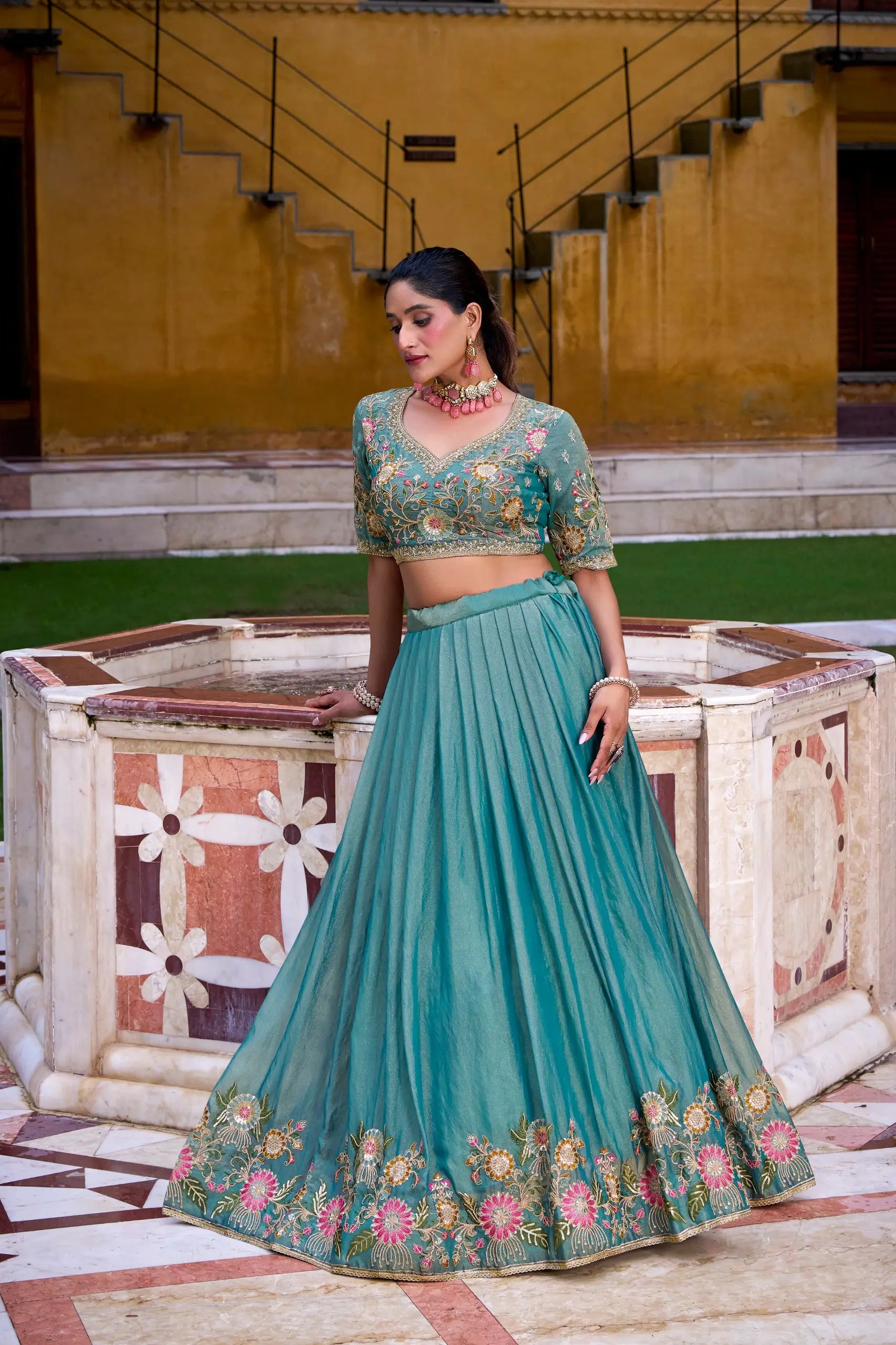 Aqua Bloom Zari Shimmer Embroidered Sequin Lehenga Set