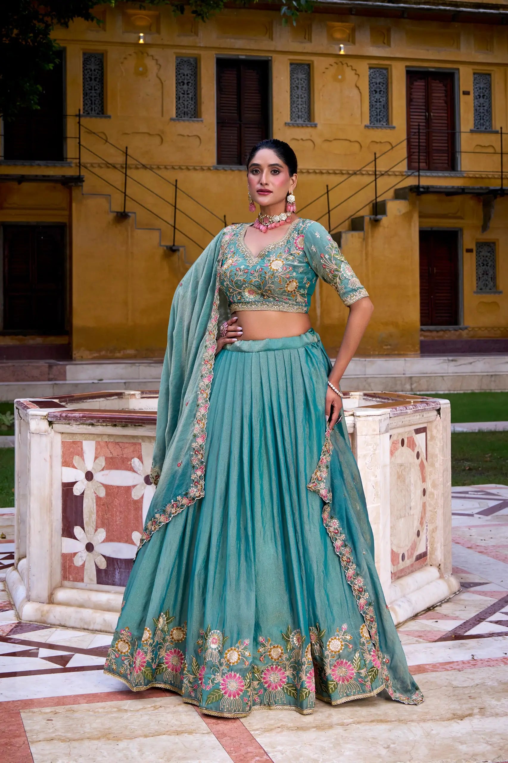 Aqua Bloom Zari Shimmer Embroidered Sequin Lehenga Set