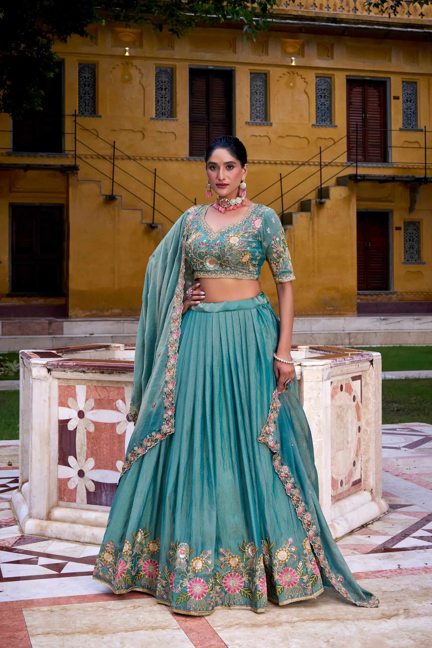 Aqua Bloom Zari Shimmer Embroidered Sequin Lehenga Set