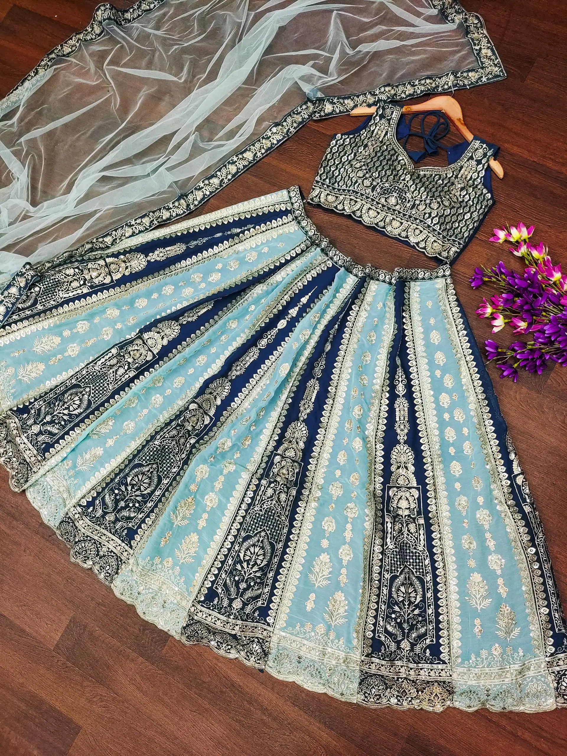 Aqua Blue Faux Georgette Embroidered Lehenga Set for Wedding and Festive Wear