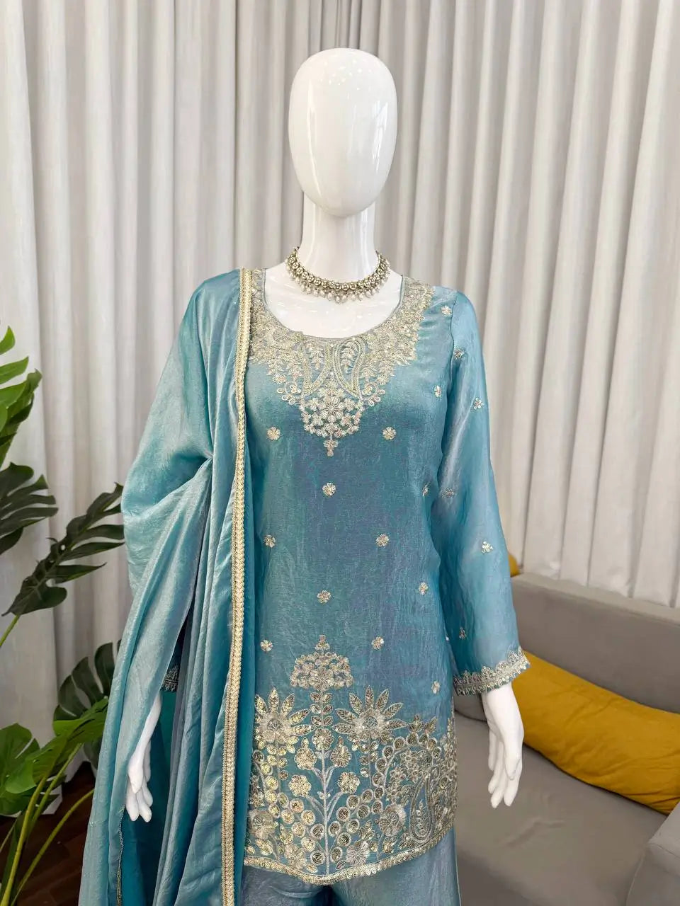 Aqua Blue Fendy Silk Palazzo Set with Thread Sequence Work and Lace Border Dupatta