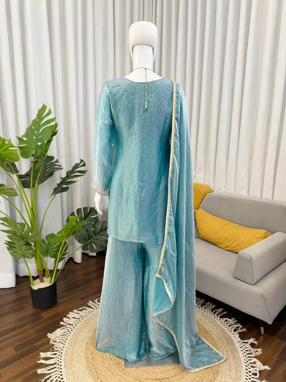 Aqua Blue Fendy Silk Palazzo Set with Thread Sequence Work and Lace Border Dupatta