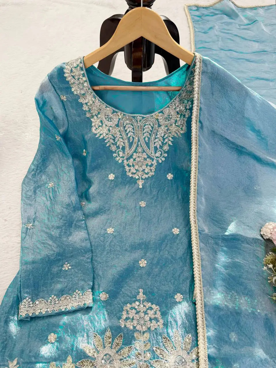 Aqua Blue Fendy Silk Palazzo Set with Thread Sequence Work and Lace Border Dupatta