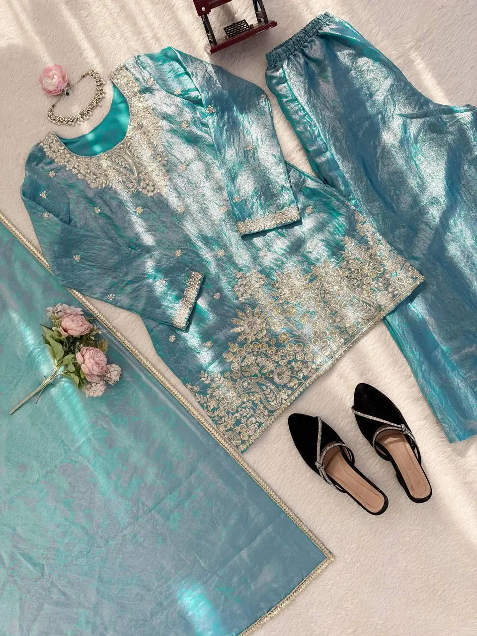 Aqua Blue Fendy Silk Palazzo Set with Thread Sequence Work and Lace Border Dupatta