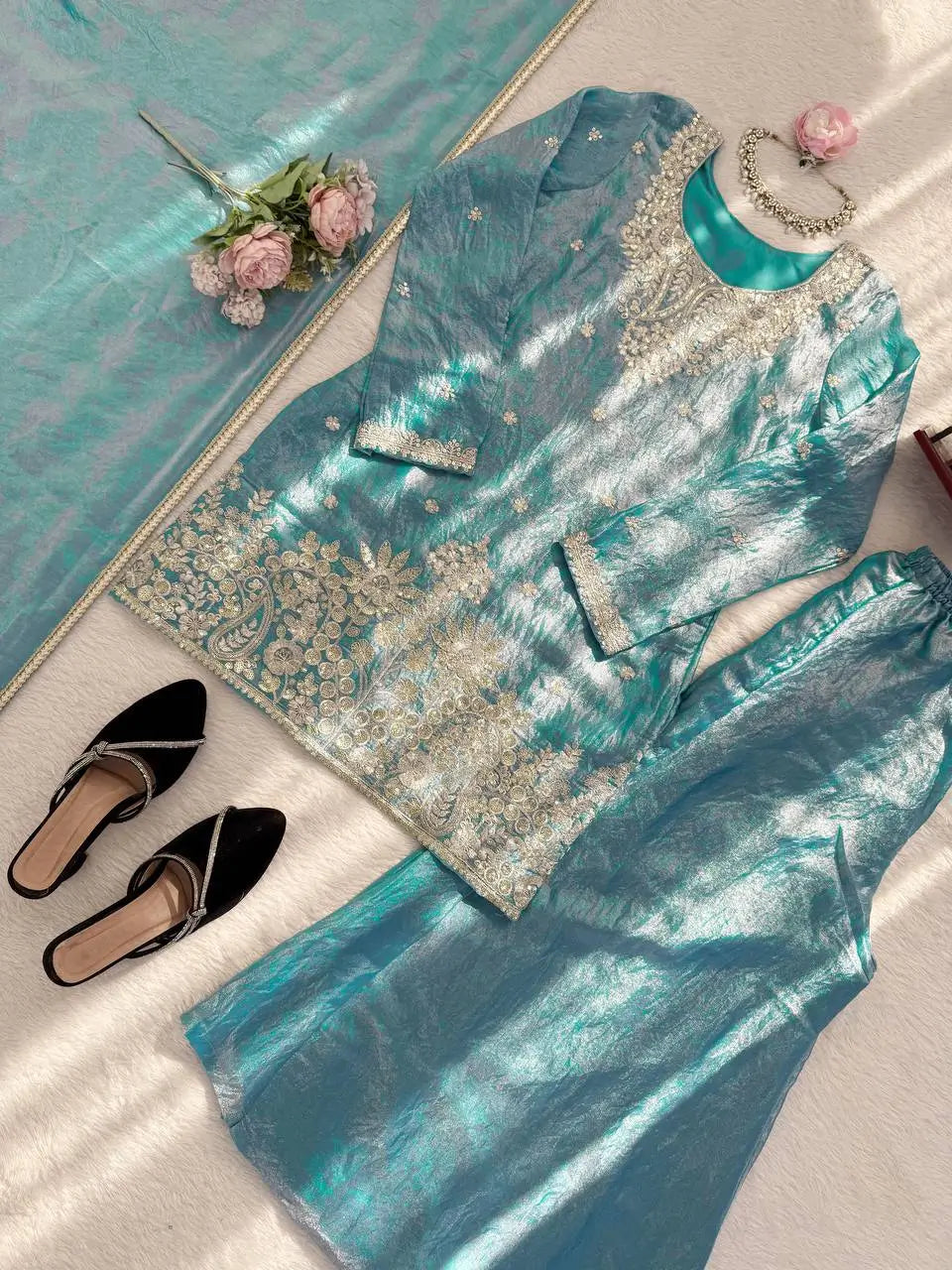 Aqua Blue Fendy Silk Palazzo Set with Thread Sequence Work and Lace Border Dupatta
