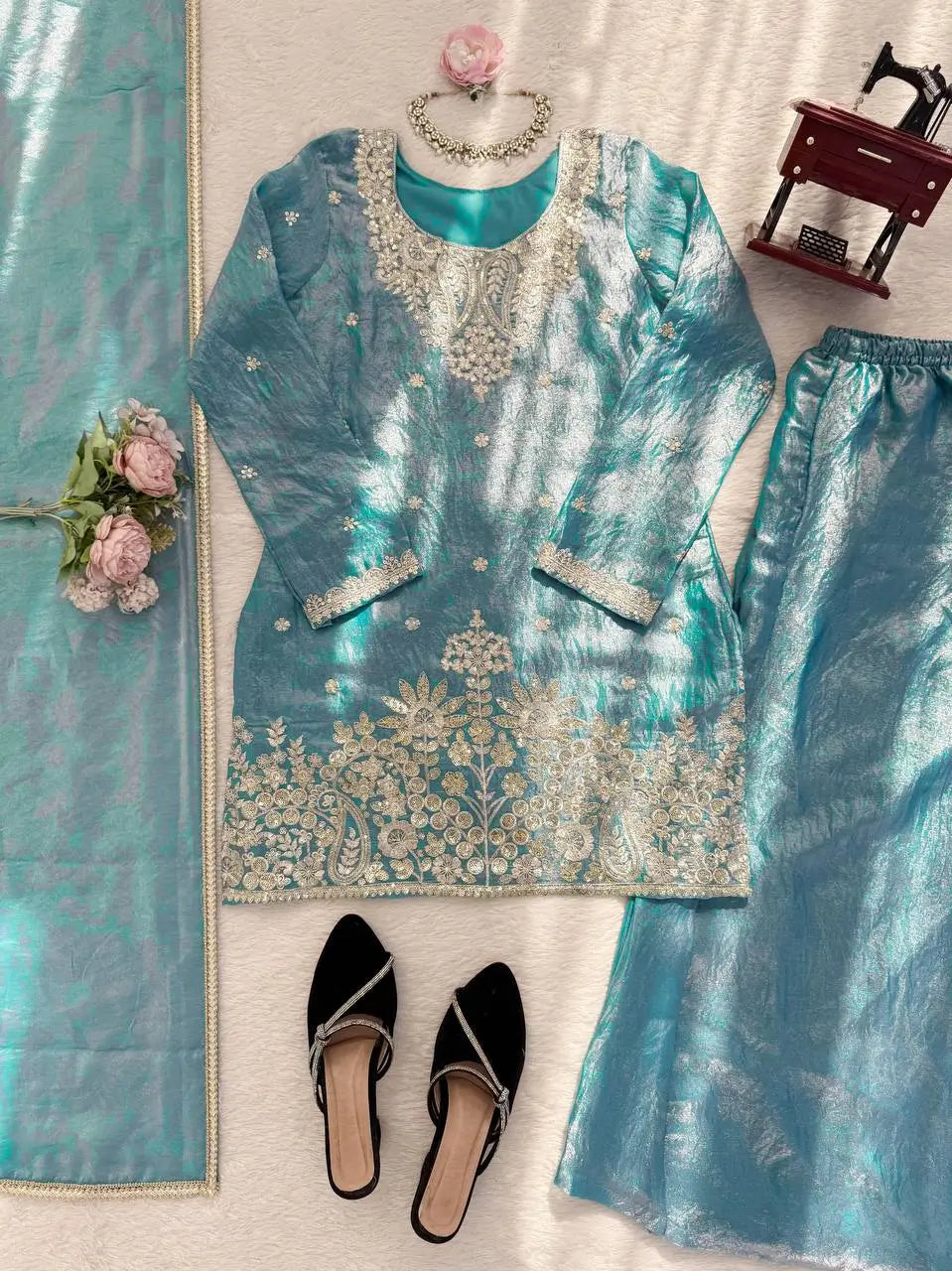 Aqua Blue Fendy Silk Palazzo Set with Thread Sequence Work and Lace Border Dupatta