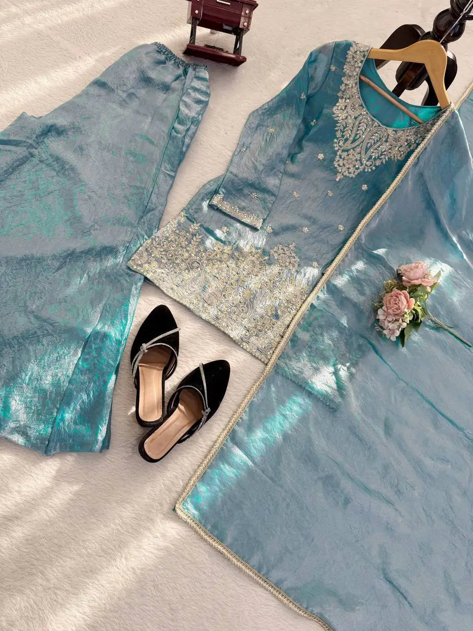 Aqua Blue Fendy Silk Palazzo Set with Thread Sequence Work and Lace Border Dupatta
