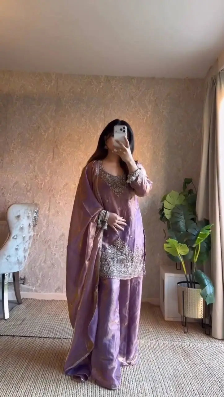 Aqua Blue Fendy Silk Palazzo Set with Thread Sequence Work and Lace Border Dupatta