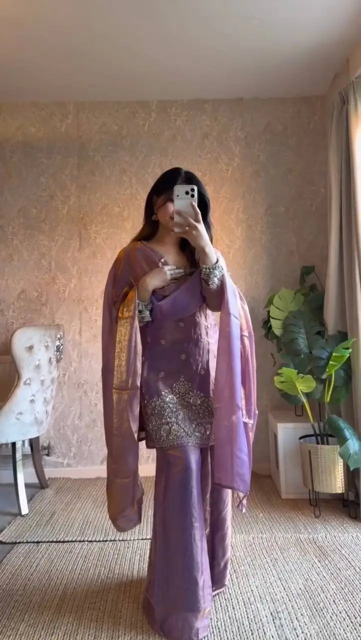 Aqua Blue Fendy Silk Palazzo Set with Thread Sequence Work and Lace Border Dupatta