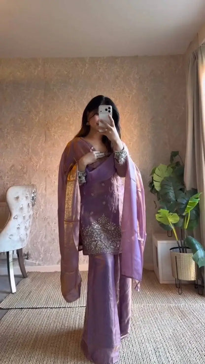 Aqua Blue Fendy Silk Palazzo Set with Thread Sequence Work and Lace Border Dupatta