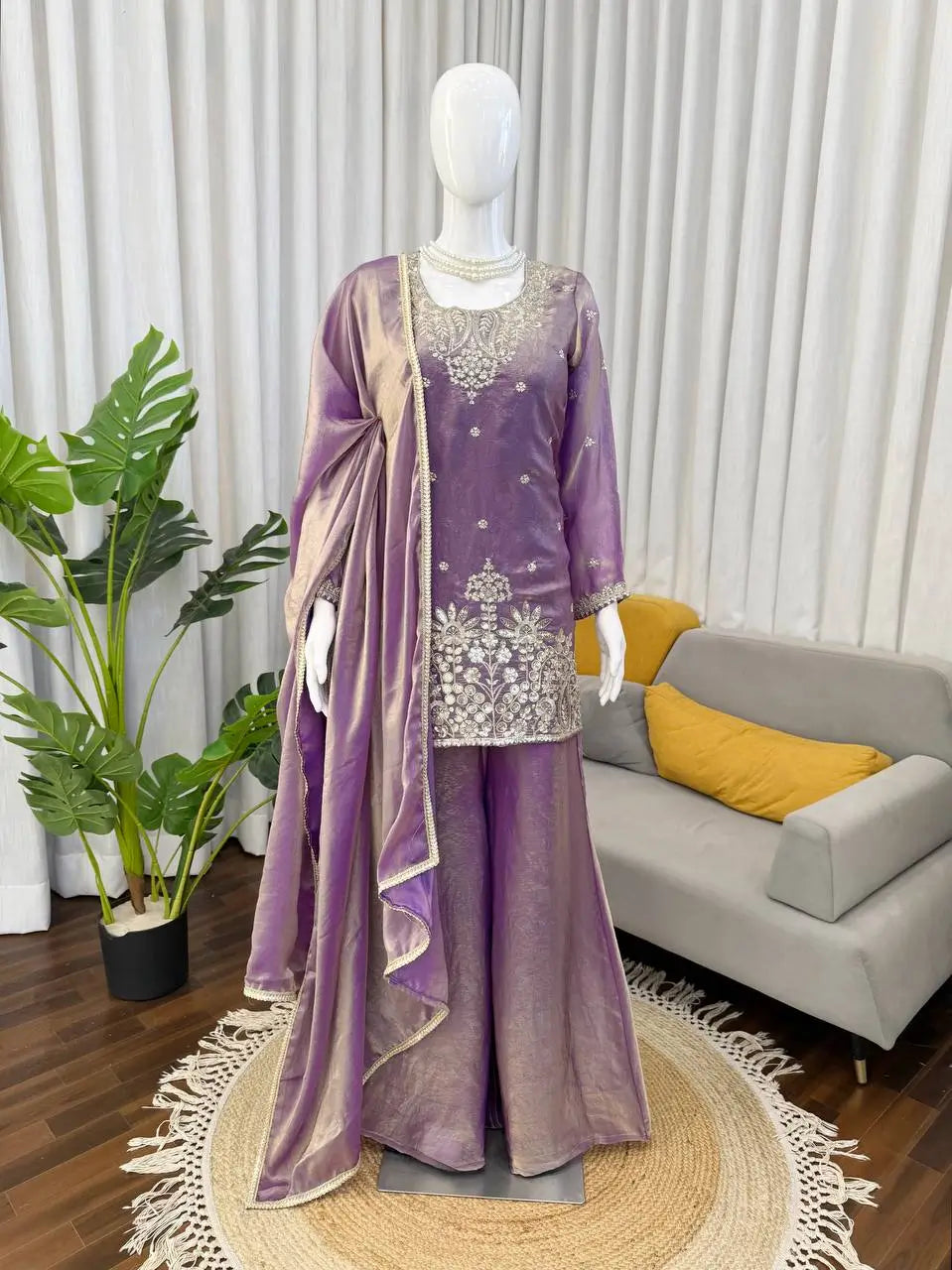 Aqua Blue Fendy Silk Palazzo Set with Thread Sequence Work and Lace Border Dupatta