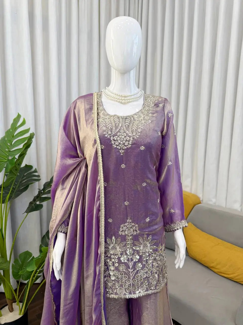 Aqua Blue Fendy Silk Palazzo Set with Thread Sequence Work and Lace Border Dupatta