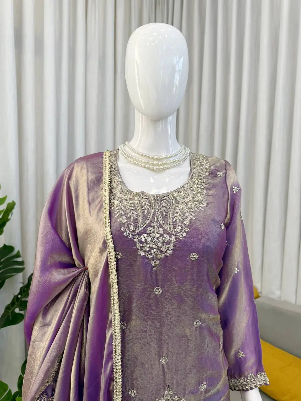 Aqua Blue Fendy Silk Palazzo Set with Thread Sequence Work and Lace Border Dupatta