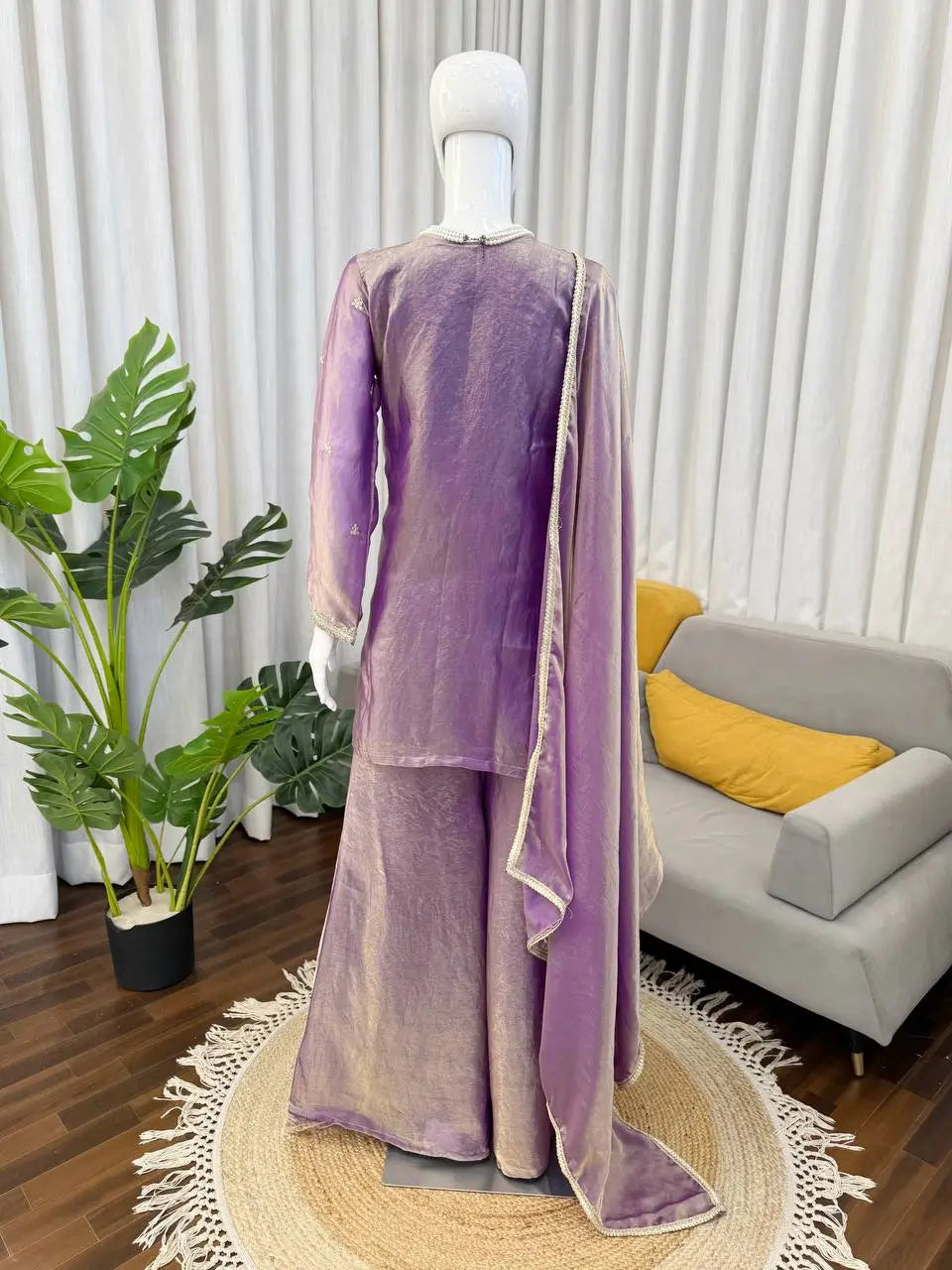 Aqua Blue Fendy Silk Palazzo Set with Thread Sequence Work and Lace Border Dupatta