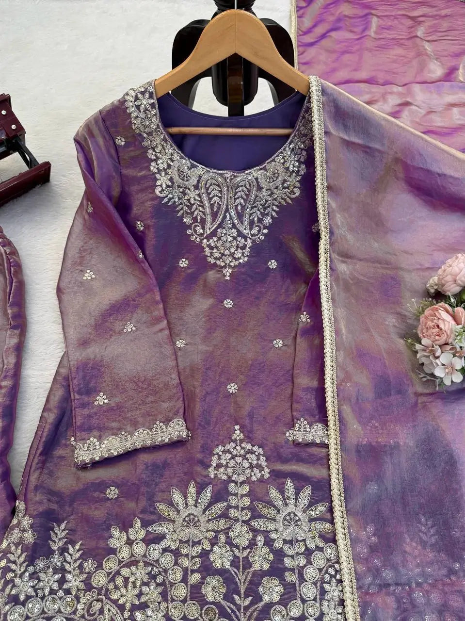 Aqua Blue Fendy Silk Palazzo Set with Thread Sequence Work and Lace Border Dupatta
