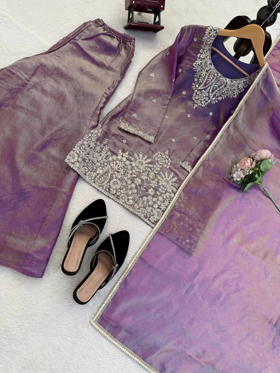 Aqua Blue Fendy Silk Palazzo Set with Thread Sequence Work and Lace Border Dupatta