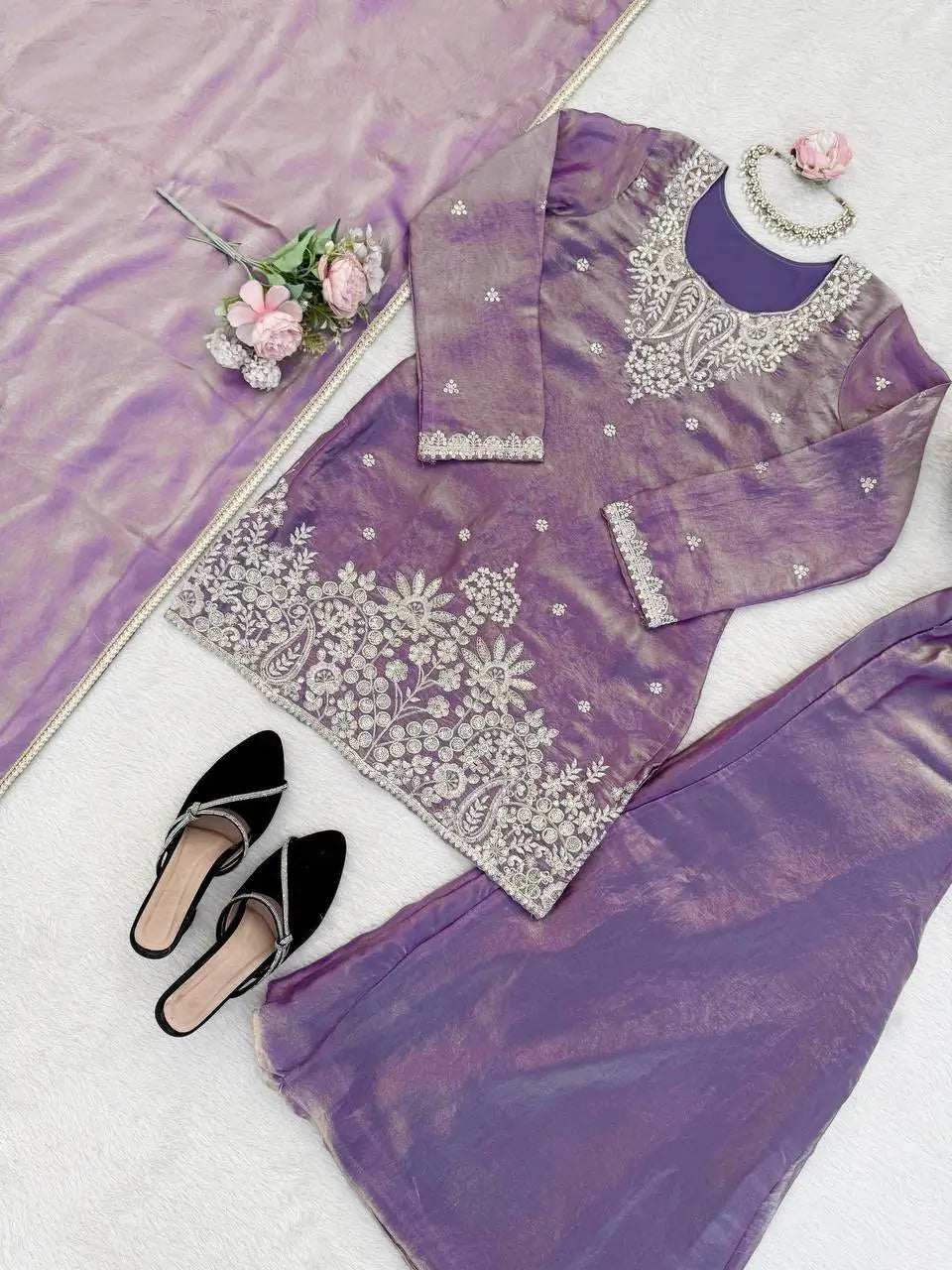 Aqua Blue Fendy Silk Palazzo Set with Thread Sequence Work and Lace Border Dupatta