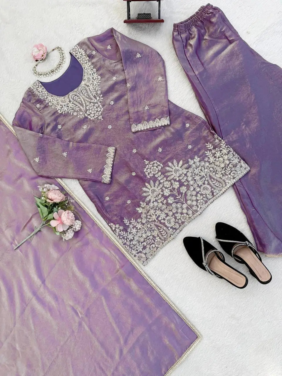 Aqua Blue Fendy Silk Palazzo Set with Thread Sequence Work and Lace Border Dupatta