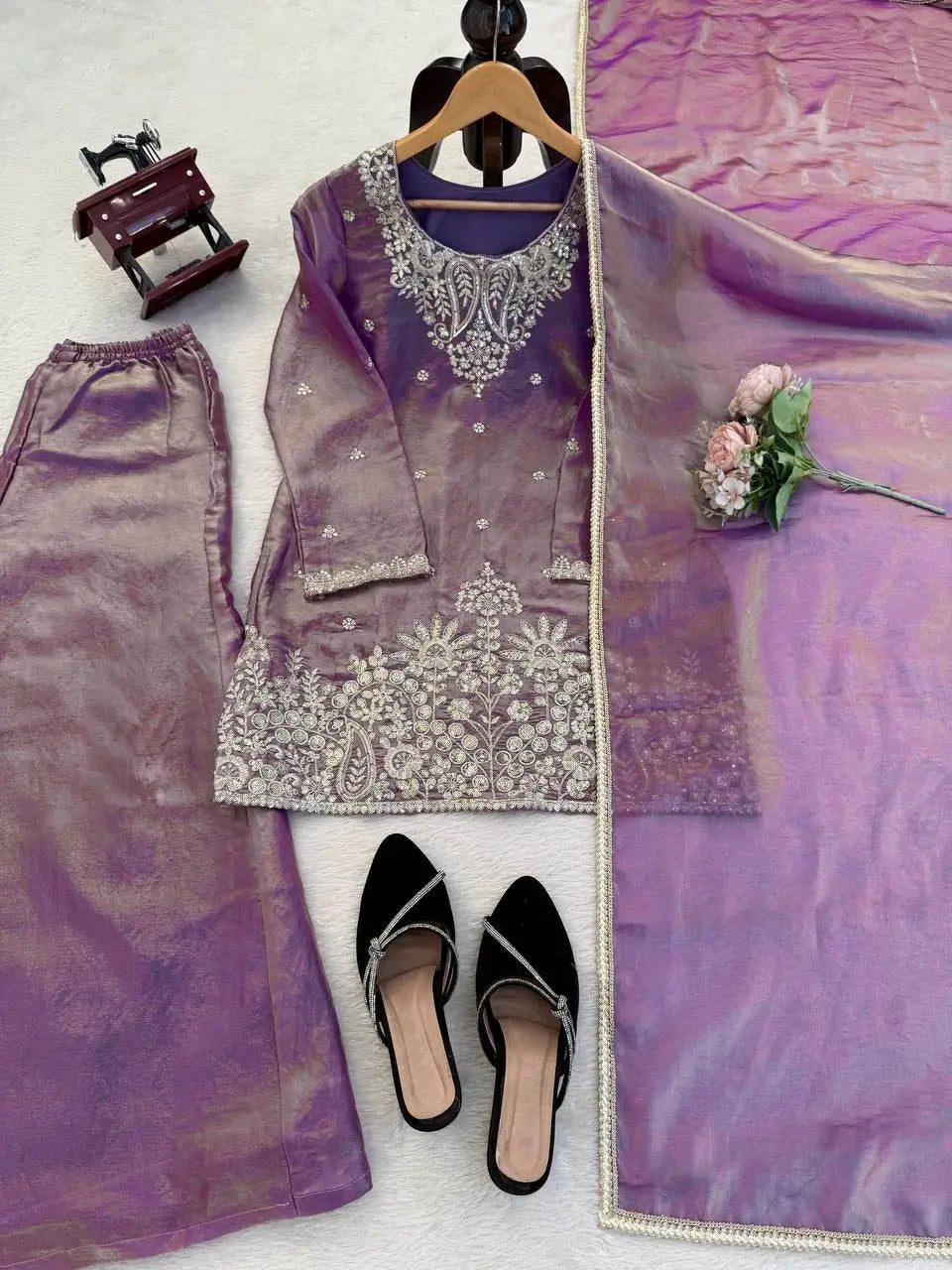 Aqua Blue Fendy Silk Palazzo Set with Thread Sequence Work and Lace Border Dupatta