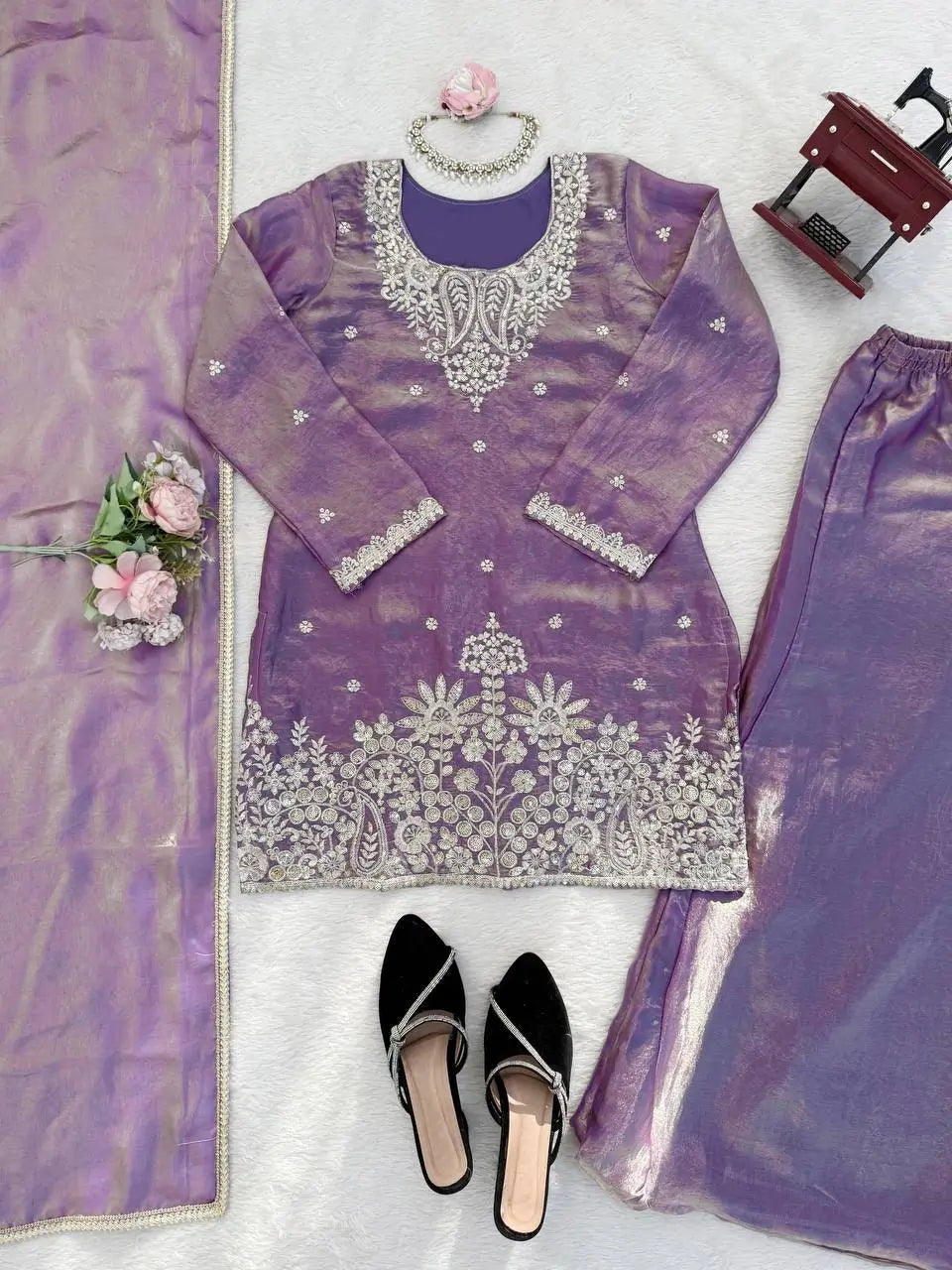Aqua Blue Fendy Silk Palazzo Set with Thread Sequence Work and Lace Border Dupatta