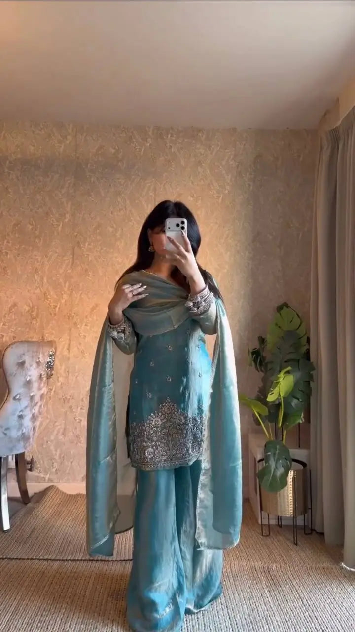 Aqua Blue Fendy Silk Palazzo Set with Thread Sequence Work and Lace Border Dupatta