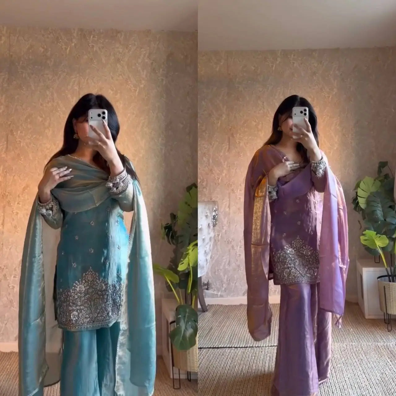 Aqua Blue Fendy Silk Palazzo Set with Thread Sequence Work and Lace Border Dupatta